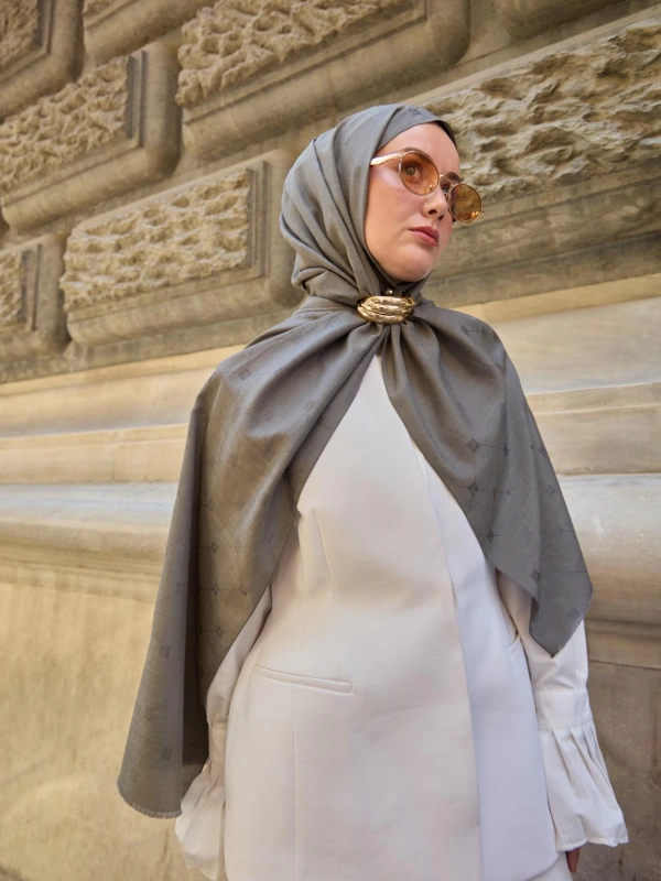 Monogram Pamuk İpek Şal - Yeşil-Gri