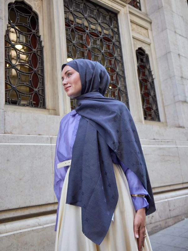 Monogram Pamuk İpek Şal - Morcivert