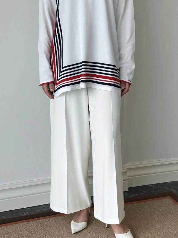 Sentez Arkası Lastikli Kumaş Pantolon - Beyaz