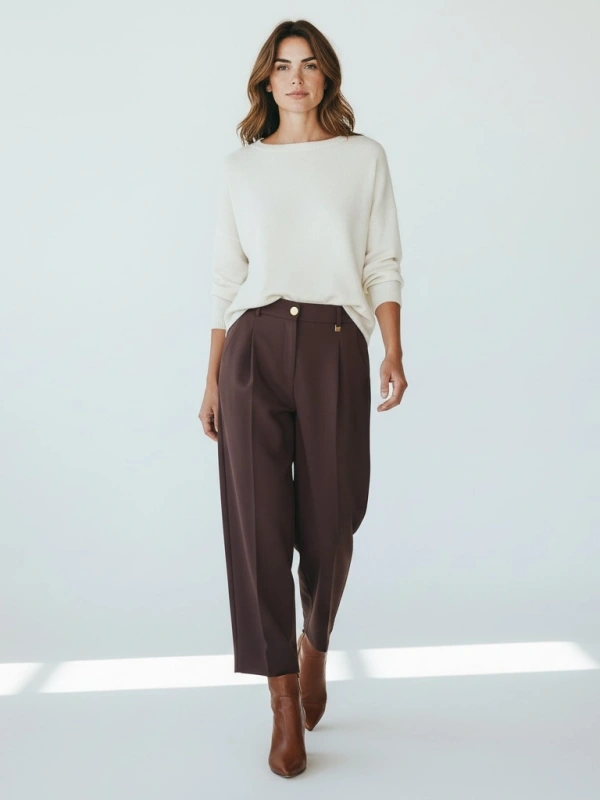 Sentez Arkası Lastikli Pileli Pantolon - Kahverengi