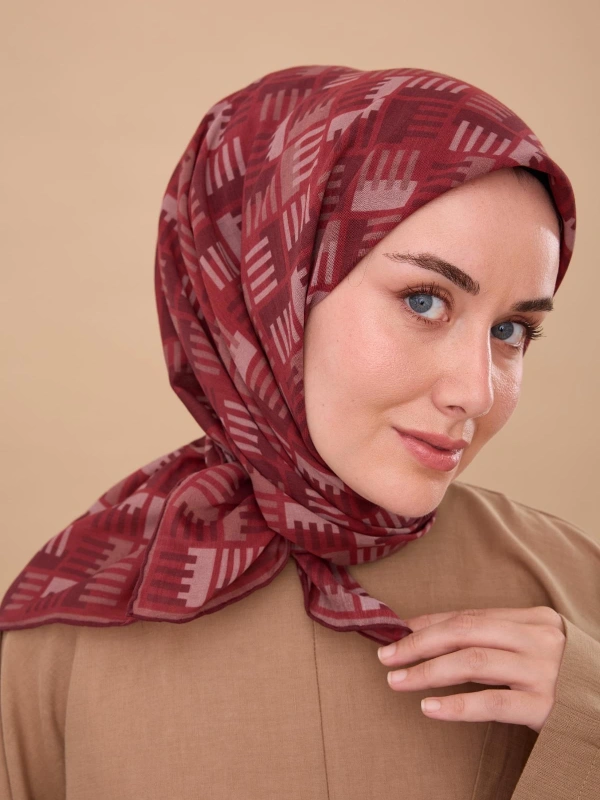 Silk Home Geometrik Desen Eşarp - Bordo, Koyu Kırmızı, Vizon
