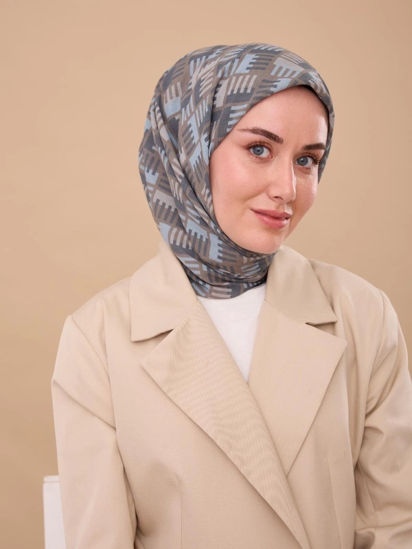 Silk Home Geometrik Desen Eşarp - Gri, Kot Mavi, Bebe Mavi, Vizon