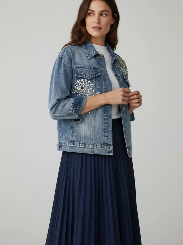 Taş İşlemeli Denim Ceket