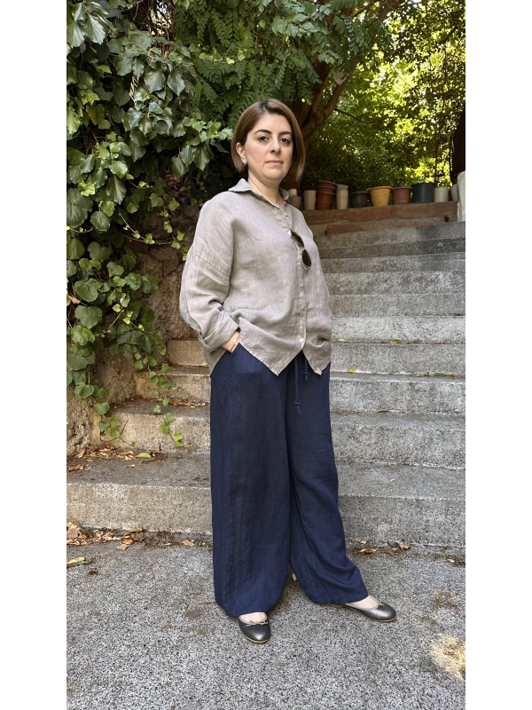 %100 Keten Bol Kesim İndigo Pantolon