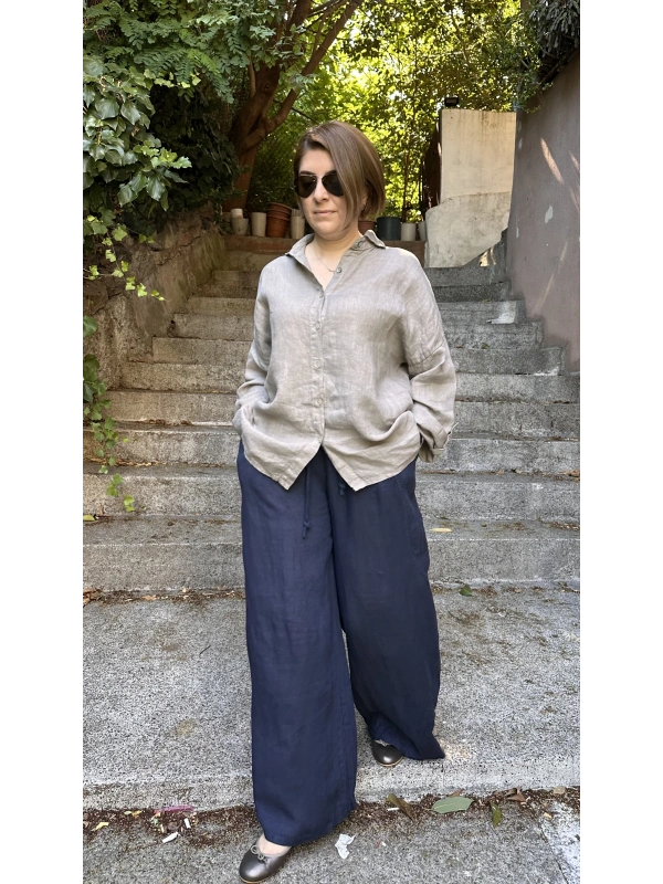 %100 Keten Bol Kesim İndigo Pantolon