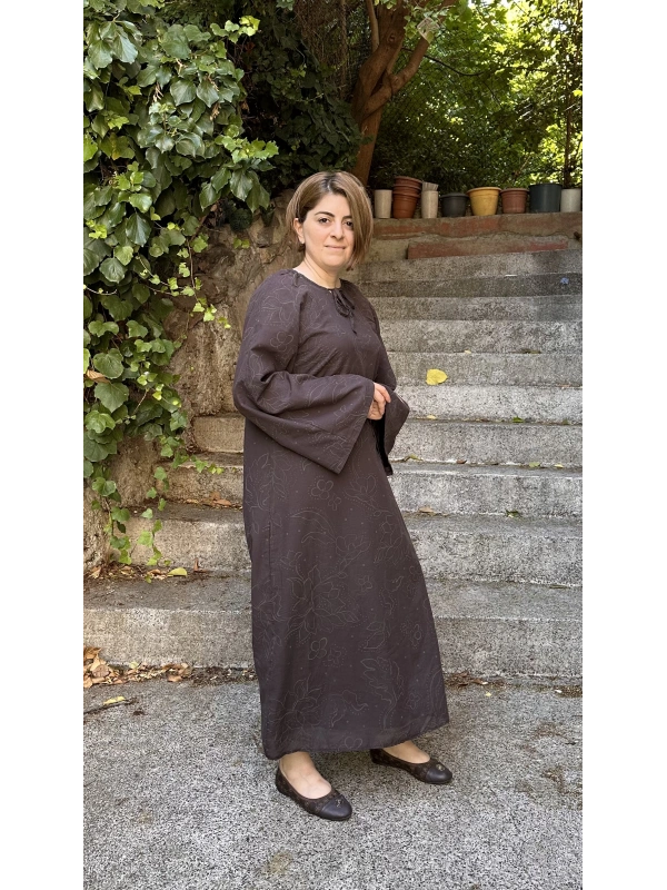 %100 Pamuk Baskılı Vual Elbise - Kahverengi