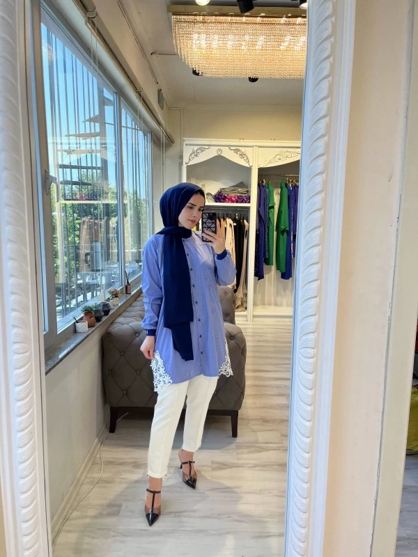 INVEE 6978 Brode Detaylı Mavi Gömlek