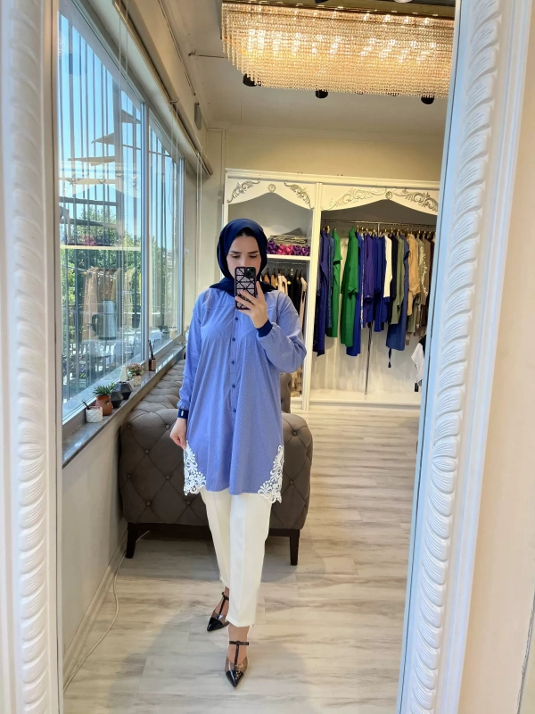 INVEE 6978 Brode Detaylı Mavi Gömlek