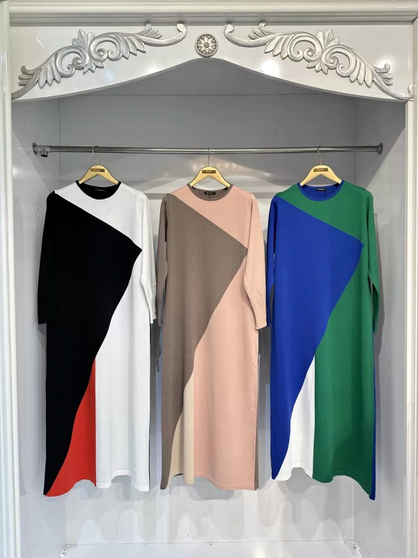 İNVEE 6989 Geometrik Sax Triko Elbise