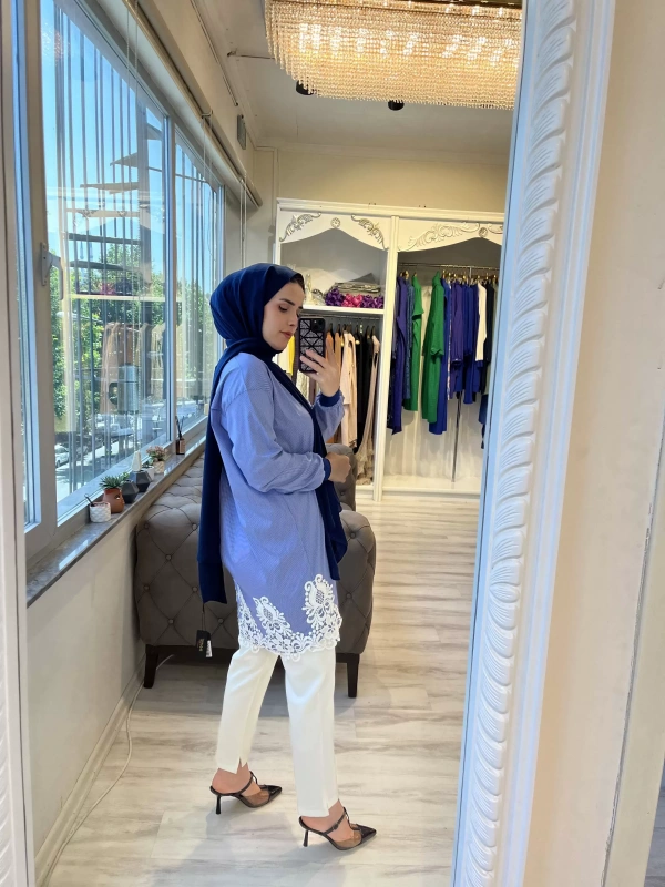 INVEE 6978 Brode Detaylı Mavi Gömlek