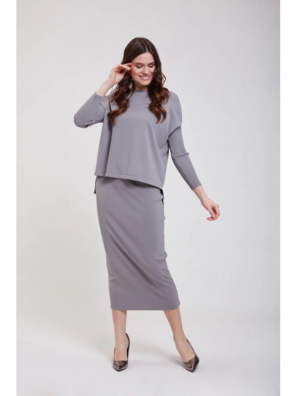 İNVEE 5685 Gri Triko Kalem Etek