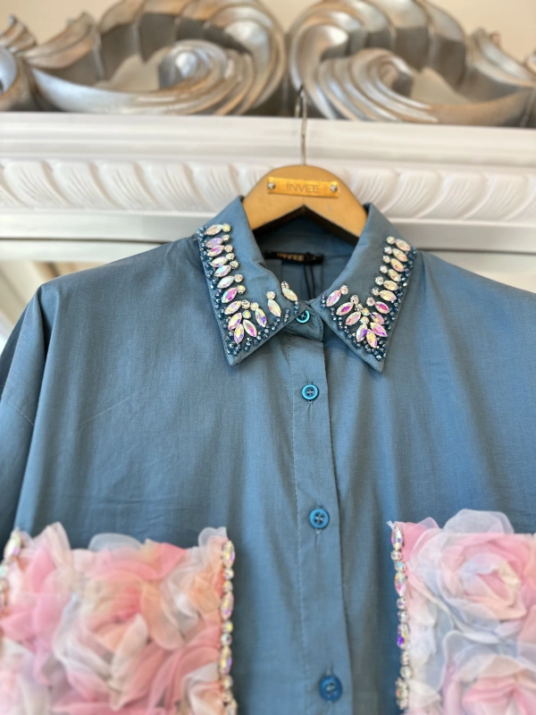 INVEE 7004 İşlemeli Petrol Gömlek