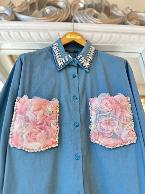 INVEE 7004 İşlemeli Petrol Gömlek