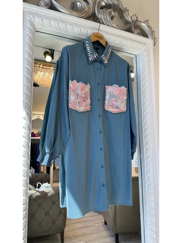 INVEE 7004 İşlemeli Petrol Gömlek