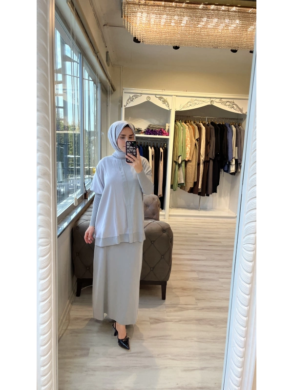 İNVEE 7015 Kloş Gri Triko Etek