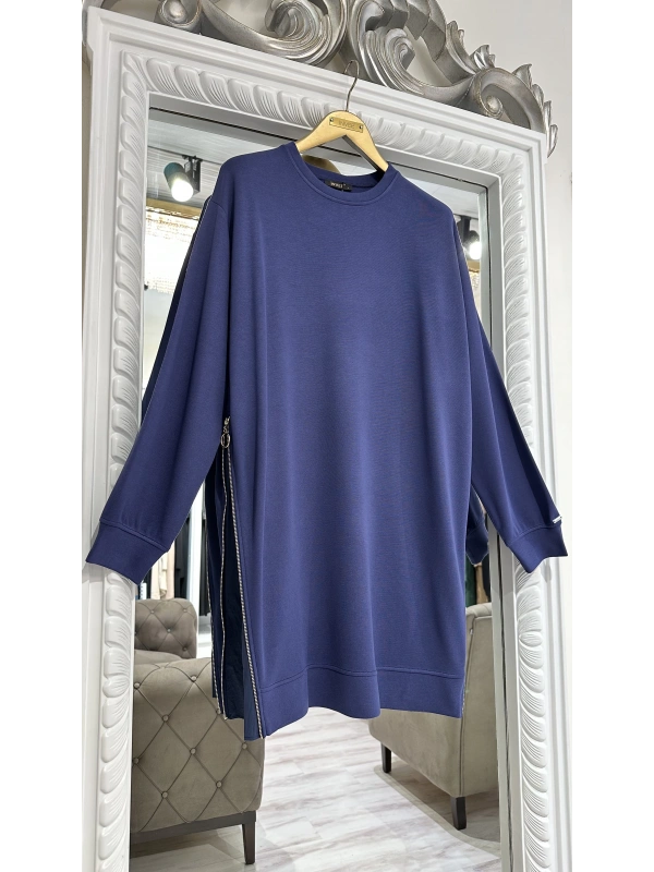 İNVEE 7047 Fermuar Detaylı İki İplik Tunik - İndigo