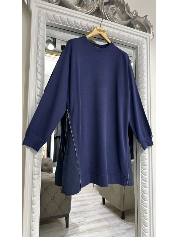 İNVEE 7047 Fermuar Detaylı İki İplik Tunik - İndigo