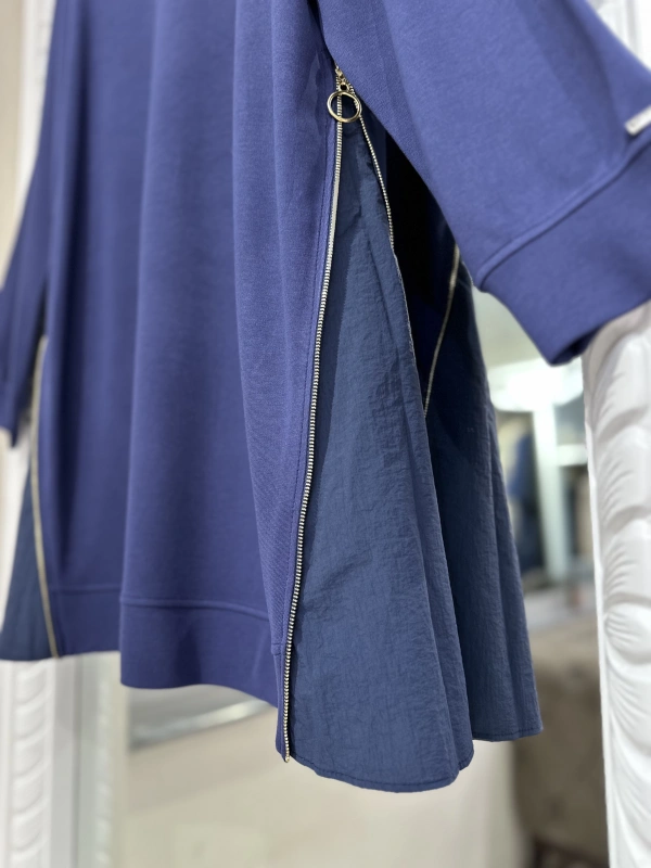 İNVEE 7047 Fermuar Detaylı İki İplik Tunik - İndigo