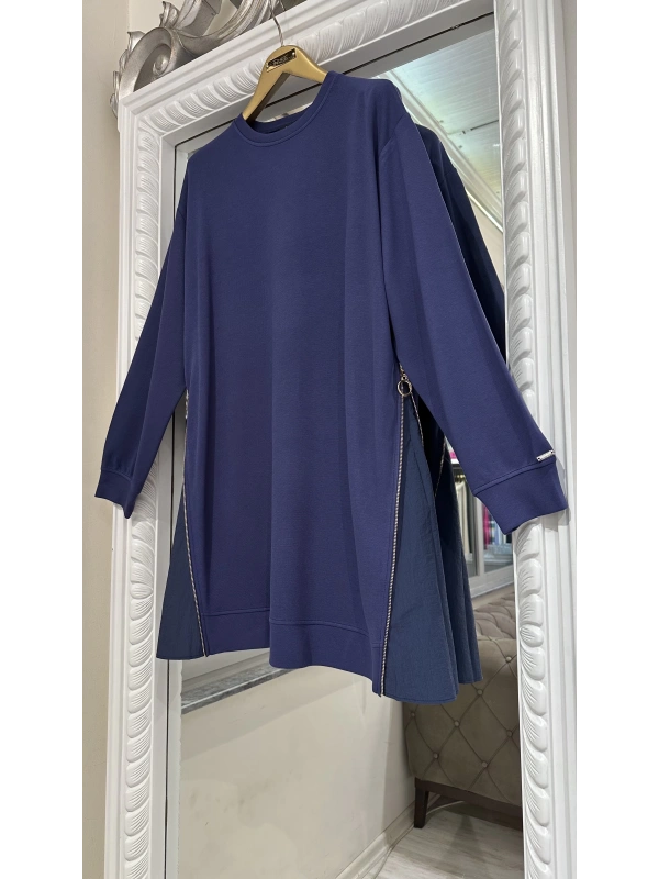 İNVEE 7047 Fermuar Detaylı İki İplik Tunik - İndigo
