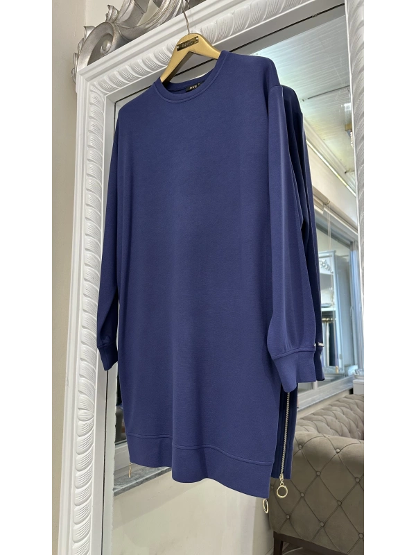 İNVEE 7047 Fermuar Detaylı İki İplik Tunik - İndigo