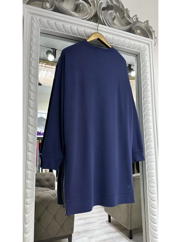 İNVEE 7047 Fermuar Detaylı İki İplik Tunik - İndigo