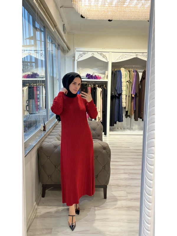 İNVEE 6954 Yün Karışımlı Triko Elbise - Kırmızı