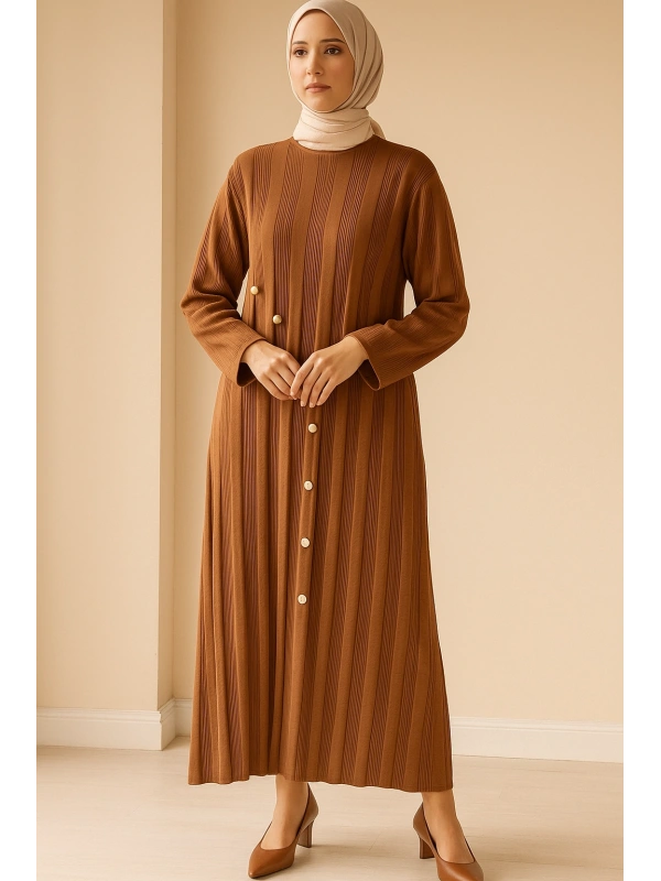 İNVEE 7038 Düğme Detaylı Triko Elbise - Kahverengi