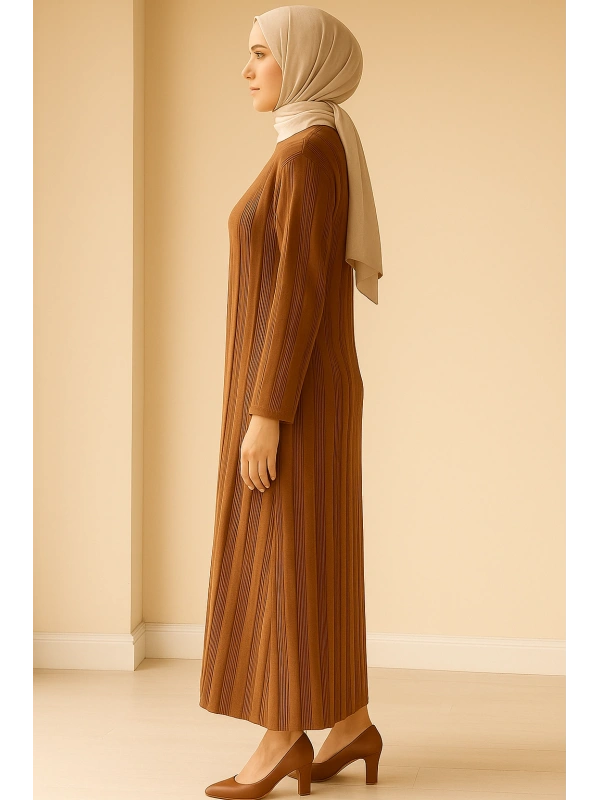 İNVEE 7038 Düğme Detaylı Triko Elbise - Kahverengi