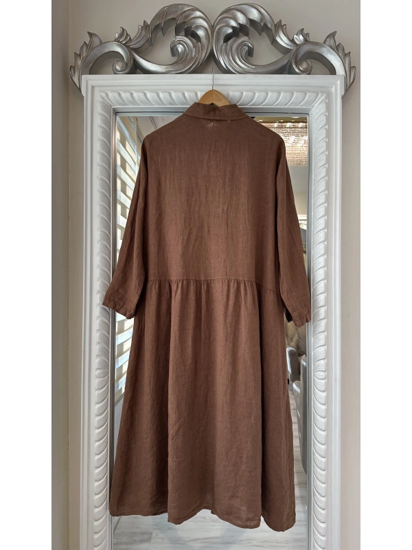 PURO LINO %100 Keten Elbise - Kahverengi