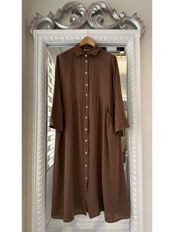 PURO LINO %100 Keten Elbise - Kahverengi