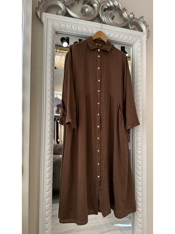 PURO LINO %100 Keten Elbise - Kahverengi