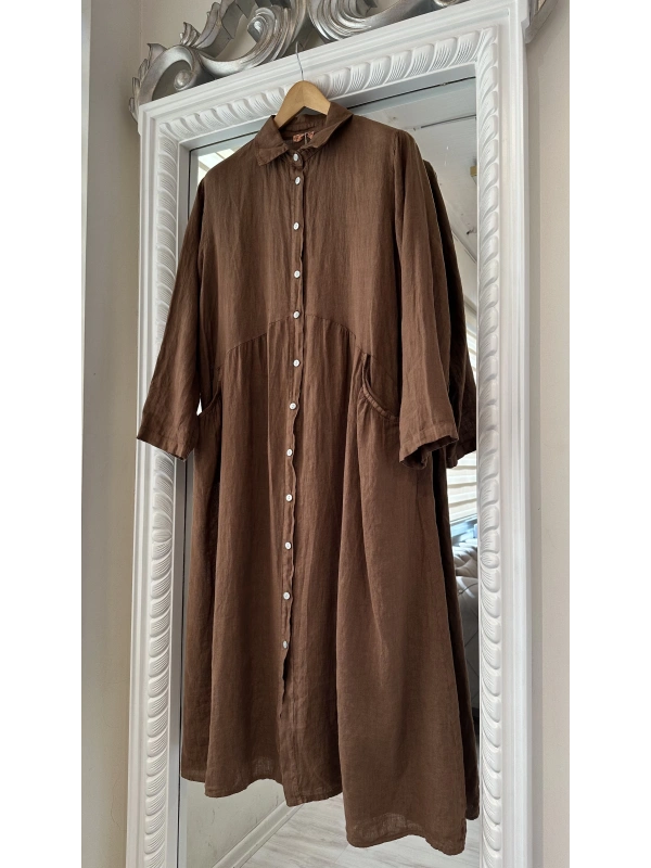 PURO LINO %100 Keten Elbise - Kahverengi