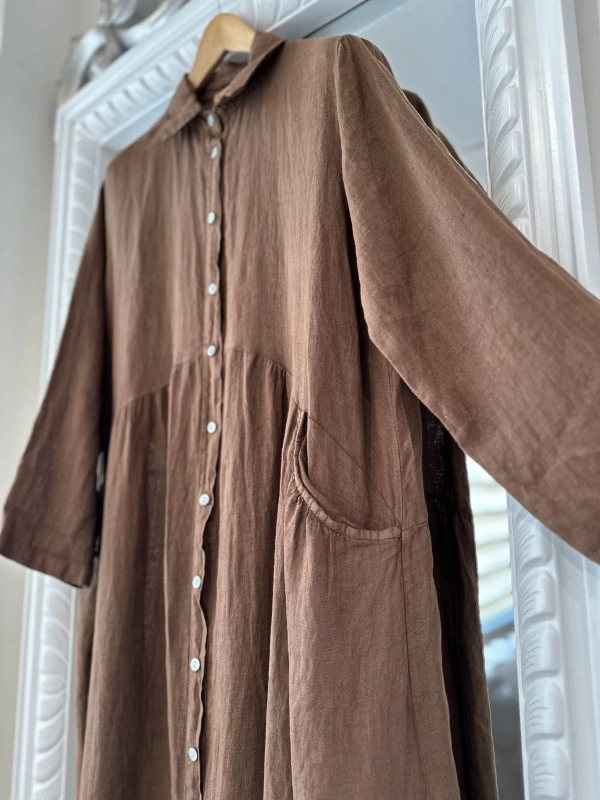 PURO LINO %100 Keten Elbise - Kahverengi