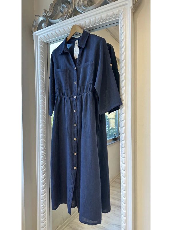 PURO LINO %100 Keten Uzun Gömlek - Lacivert