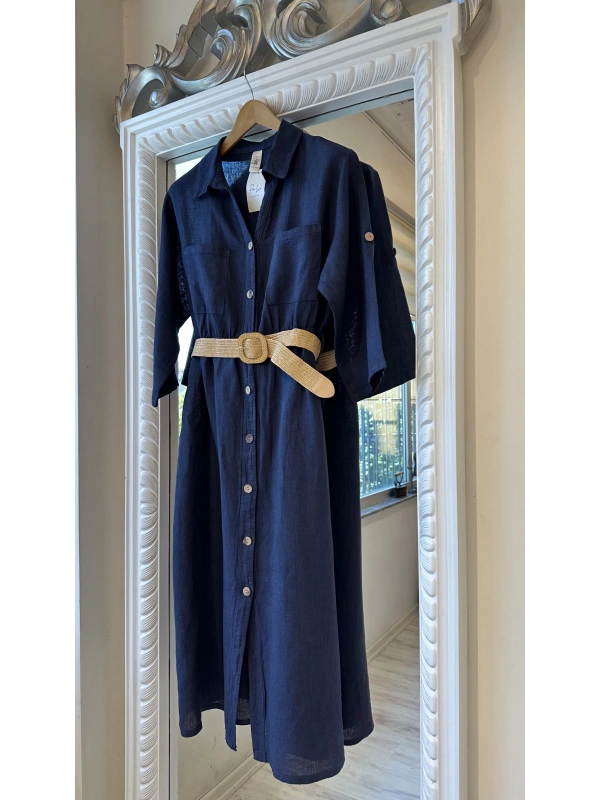 PURO LINO %100 Keten Uzun Gömlek - Lacivert