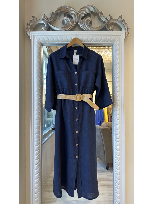 PURO LINO %100 Keten Uzun Gömlek - Lacivert
