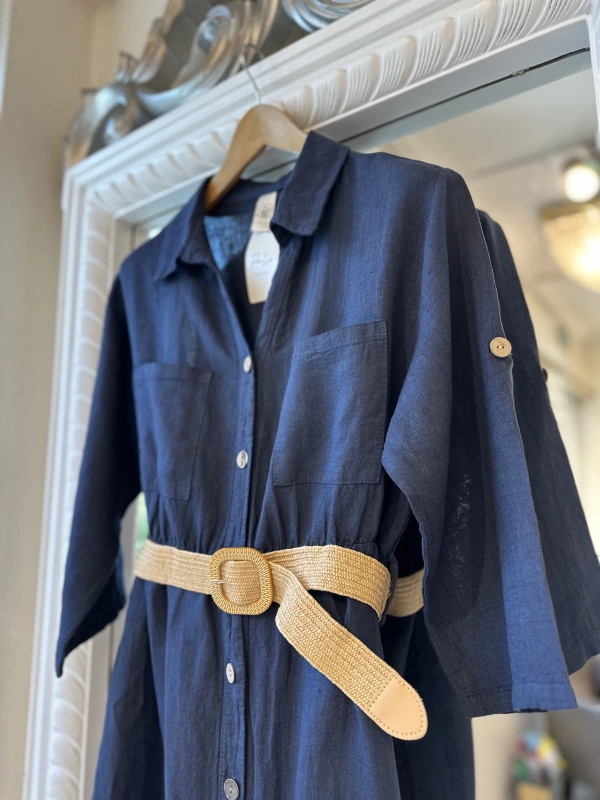 PURO LINO %100 Keten Uzun Gömlek - Lacivert