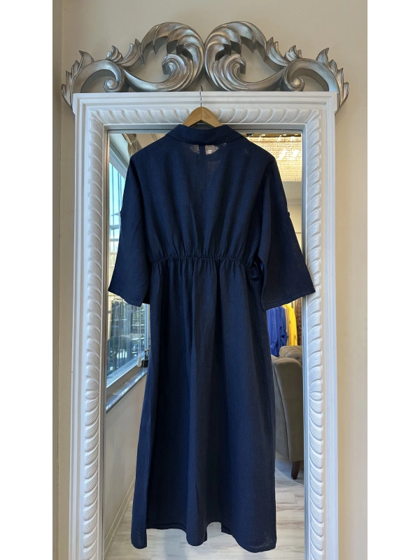 PURO LINO %100 Keten Uzun Gömlek - Lacivert