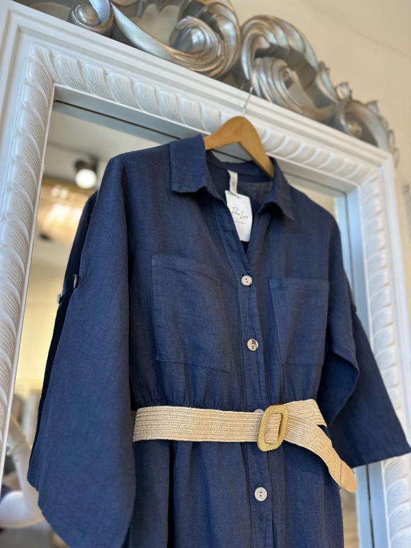 PURO LINO %100 Keten Uzun Gömlek - Lacivert