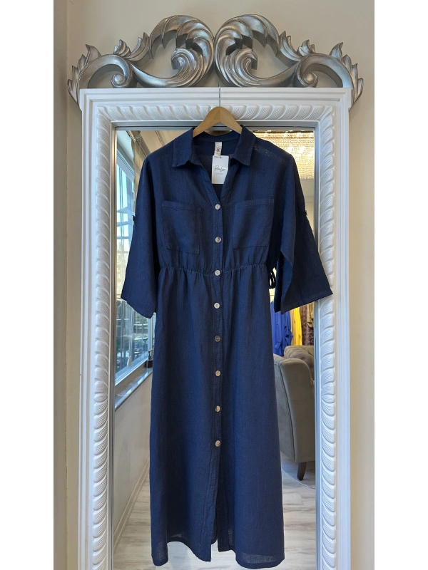PURO LINO %100 Keten Uzun Gömlek - Lacivert