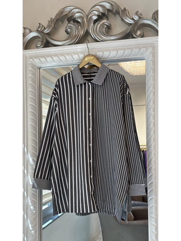 İNVEE Çizgili Pamuk Gömlek - Siyah