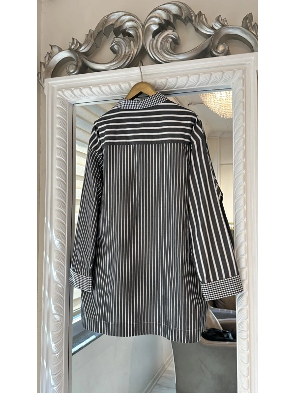 İNVEE Çizgili Pamuk Gömlek - Siyah