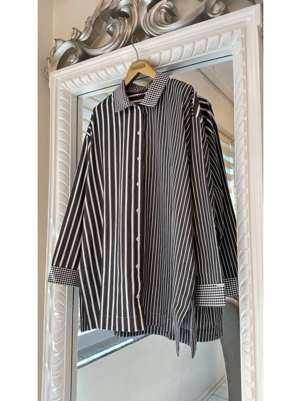 İNVEE Çizgili Pamuk Gömlek - Siyah