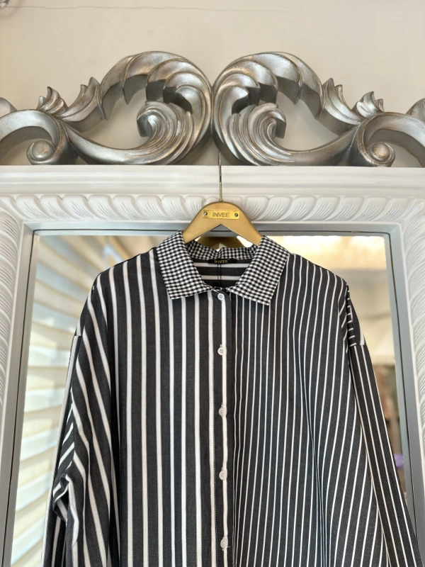 İNVEE Çizgili Pamuk Gömlek - Siyah