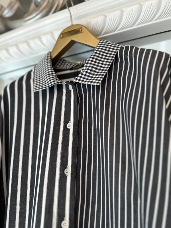 İNVEE Çizgili Pamuk Gömlek - Siyah