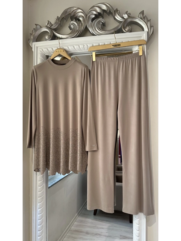 İNVEE Taş Baskılı Modal Takım - Bej