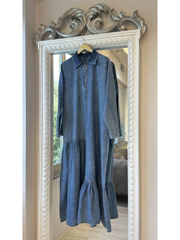 İNVEE 7162 İnce Denim Elbise - Mavi