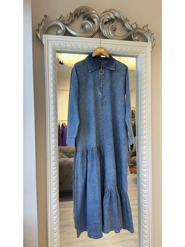 İNVEE 7162 İnce Denim Elbise - Mavi
