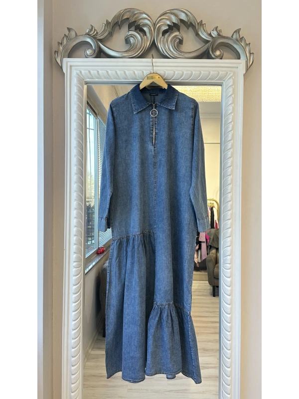 İNVEE 7162 İnce Denim Elbise - Mavi