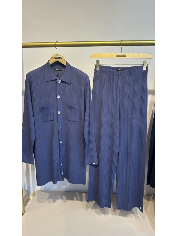 İNVEE Kalp Düğmeli Triko Takım - İndigo